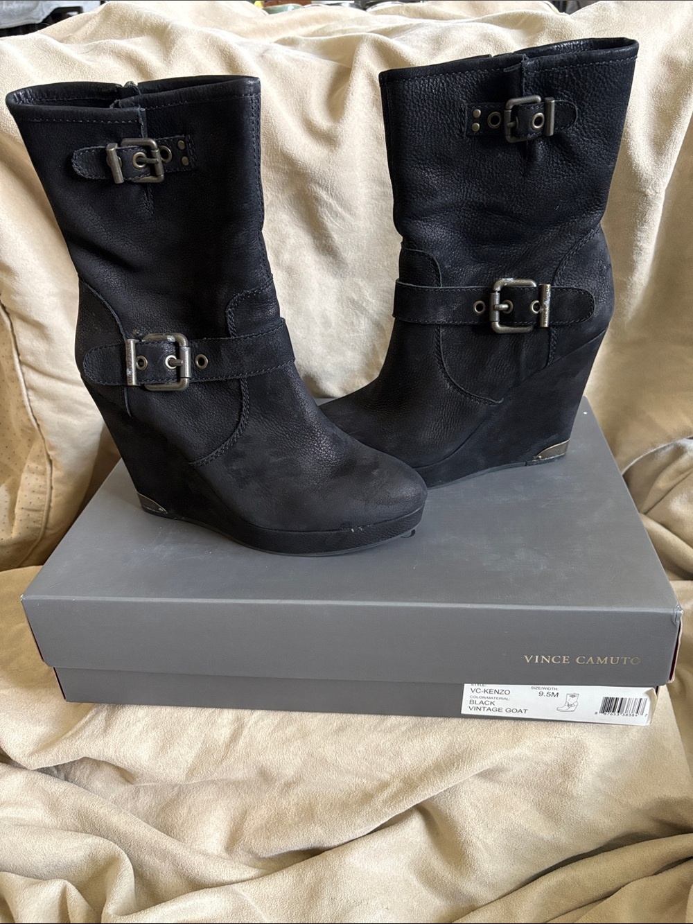 Vince Camuto Vckenzo Black Leather Wedge Boots Sz 9.5